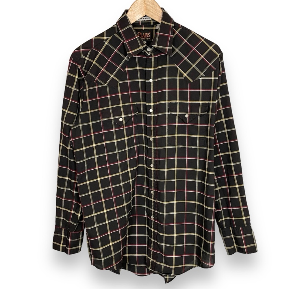 Vintage Western Shirt Men Black Pearl Snaps‎ Button-Up Long Sleeves Cowboy Ranch